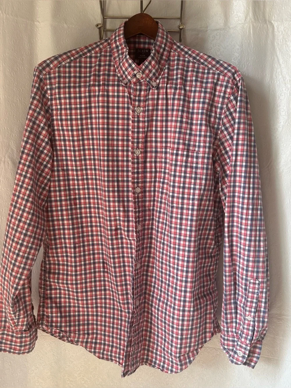 J CREW Flex Washed Shirt Button-Up Long Sleeve Collar Red White Blue Plaid Sz L